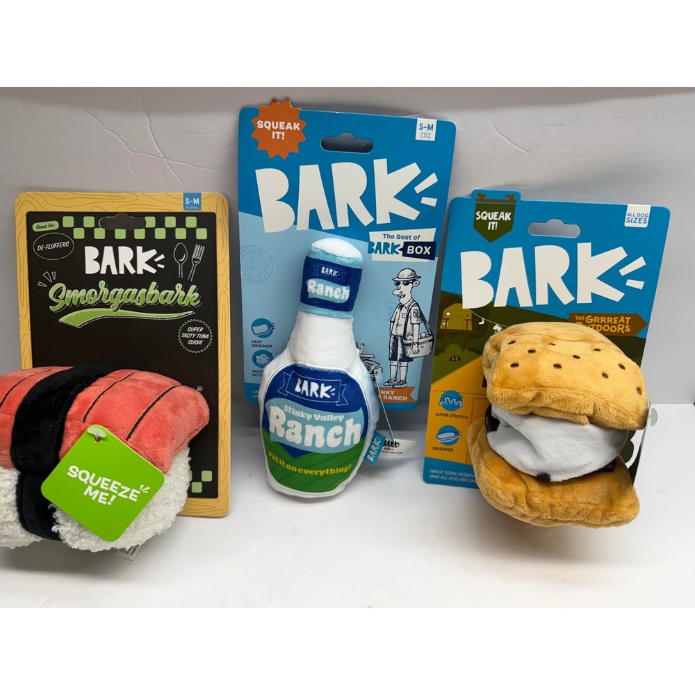BarkBox Dog Toy Bundle Sushi Ranch Dressing Smores Plush Squeaky Crinkle 3 Pack